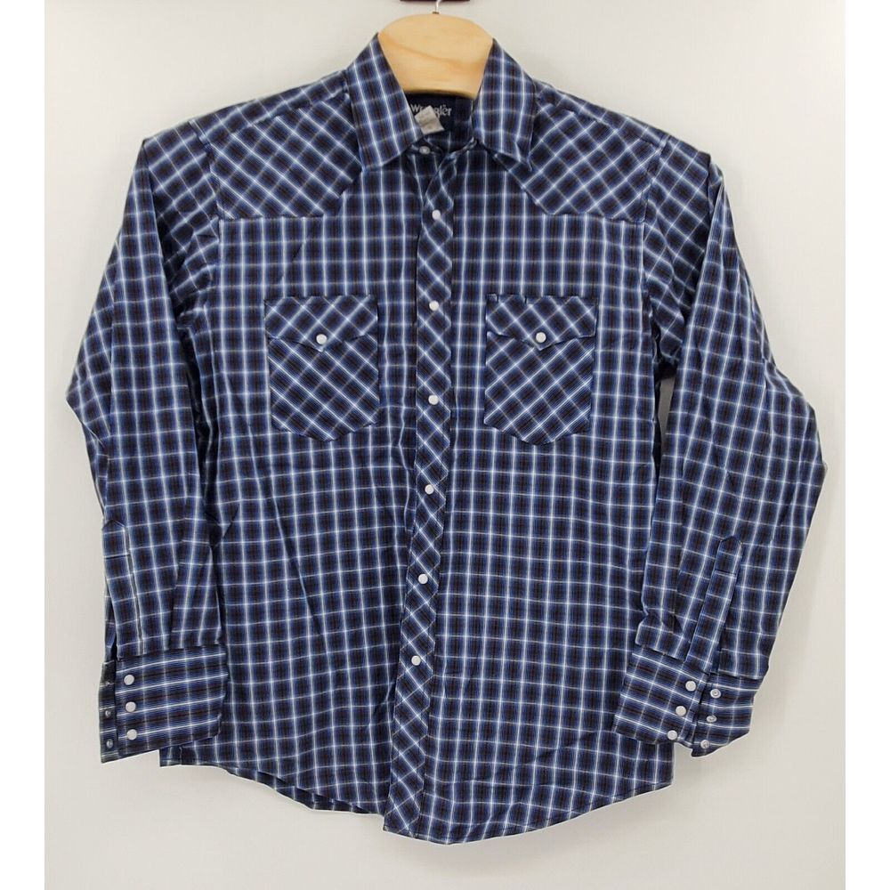 Wrangler Pearl Snap Blue Plaid Long Sleeve Western Cowboy Shirt Men's Size Large